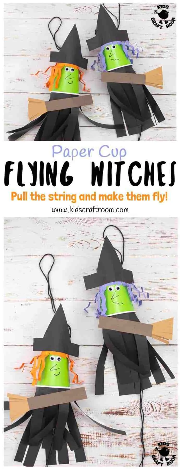 Four Flying Paper Cup Witch Craft For Kids. The faces are made from paper cups. They have strips of black paper stuck inside and hanging down to make the dresses. There is orange and purple paper hair and a black paper hat.