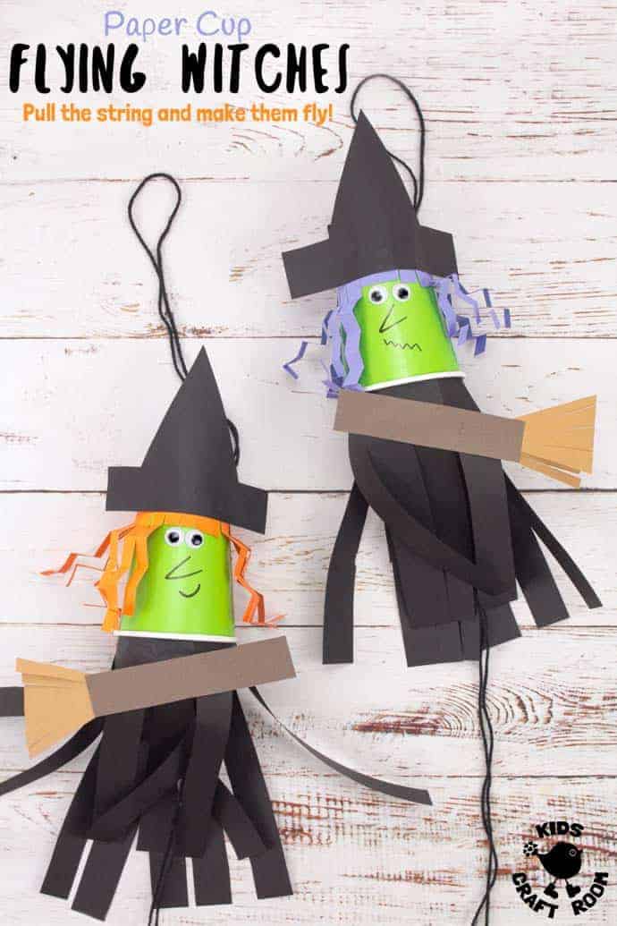 This Flying Paper Cup Witch Craft For Kids is so easy to make and loads of fun! Children will LOVE how interactive this paper cup craft is. Just pull the string and watch your witch fly up and down on her broomstick! Such a fun Halloween craft! #witch #halloween #witchcraft #witchcraftforkids #halloweencrafts #kidscrafts #kidscraft #papercupcrafts #papercups #witches #halloweencraft #halloweendecorations #kidscraftroom #preschool #kids