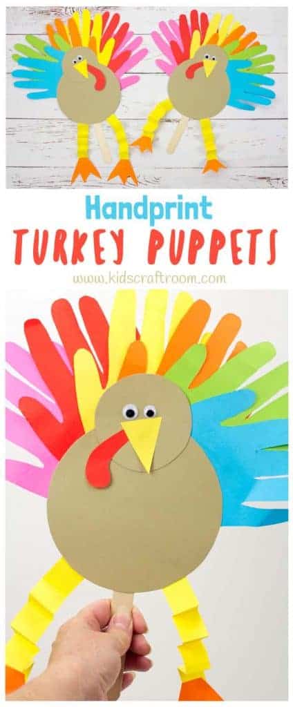 These Thanksgiving Handprint Turkey Puppets are such a fun way to keep the kids entertained this holiday and because the turkey's feathers are made from handprints they're an adorable keepsake as well! Such a fun Thanksgiving craft to make and play with and if you want to you can write thankful notes on the tail feathers too. #thanksgiving #thanksgivingcrafts #turkey #turkeycrafts #turkeyday #puppets #handprintcrafts #kidscrafts #kidscraftroom