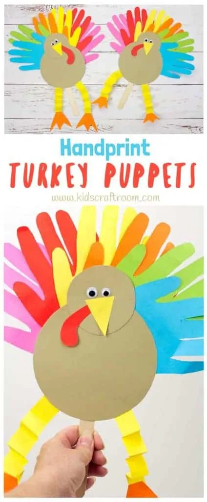 These Thanksgiving Handprint Turkey Puppets are such a fun way to keep the kids entertained this holiday and because the turkey's feathers are made from handprints they're an adorable keepsake as well! Such a fun Thanksgiving craft to make and play with and if you want to you can write thankful notes on the tail feathers too. #thanksgiving #thanksgivingcrafts #turkey #turkeycrafts #turkeyday #puppets #handprintcrafts #kidscrafts #kidscraftroom