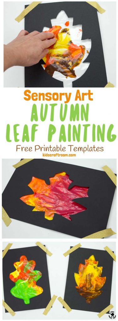 Mess Free Sensory Autumn Leaf Painting is a wonderful activity to explore the changing colours of the season and engage the senses. Kids can watch leaves change colour right in front of their eyes with this hands-on Autumn art idea. (6 Free Printable Leaf Templates) #autumn #fall #autumncrafts #fallcrafts #autumnart #fallart #kidscrafts #kidsart #fallactivities #autumnactivities #sensory #sensoryplay #sensoryart #painting #kidspainting #kidscraftroom