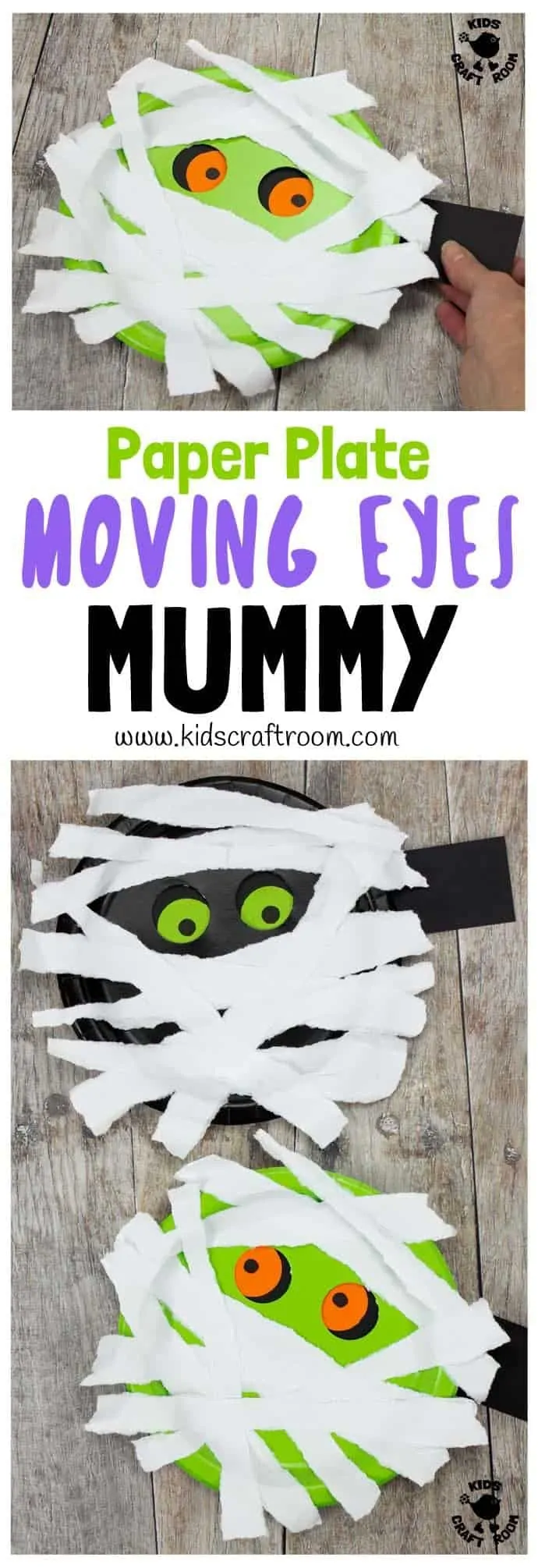 A collage showing three different moving eye mummy crafts for kids.