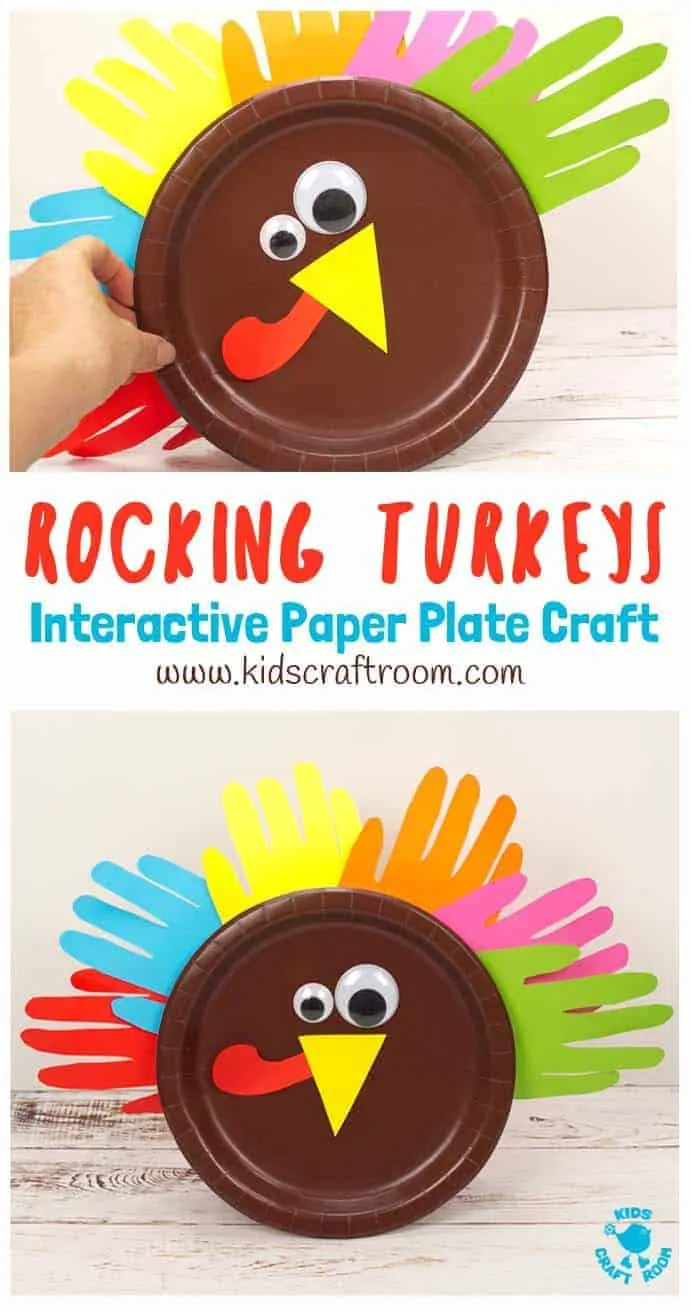A rocking paper plate turkey craft being held by a hand to show how it rocks from side to side.