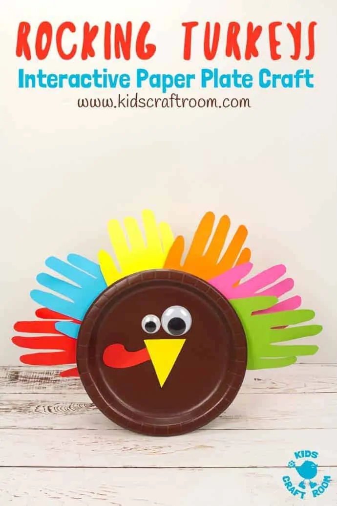 A rocking turkey craft made from a round paper plate body with colourful handprint tail feathers stuck on the back.