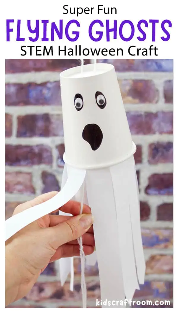 A close up of a STEM Paper Cup Flying Ghost Craft.