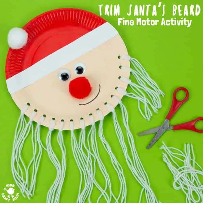 Are you looking for an educational Santa craft idea to enjoy with your toddlers and preschoolers this Christmas? This Trim The Beard Paper Plate Santa Craft is adorably cute and gives kids lots of opportunity to develop their fine motor cutting skills and have fun! #santa #santacrafts #paperplatecrafts #christmas #christmascrafts #christmascraftskids #fatherchristmas #fatherchristmascrafts #kidscrafts #finemotorskills #kidscraftroom