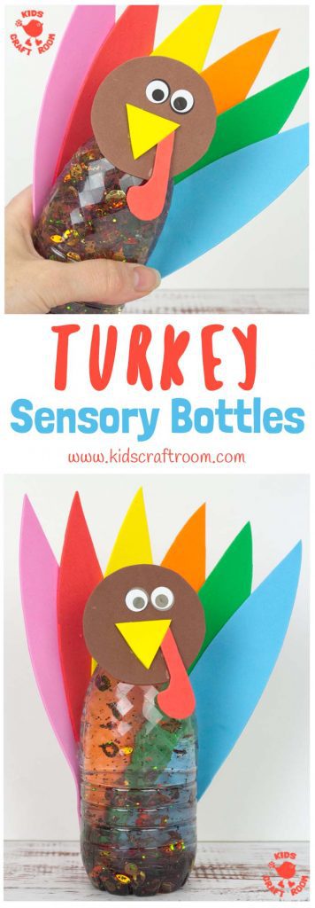 Thanksgiving Turkey Sensory Bottles are a lovely calming sensory play idea. They're lots of fun, simple to make and a great way to unwind this holiday. #sensoryplay #sensory #thanksgiving #thanksgivingcrafts #thanksgivingactivities #kidsactivities #play #playideas #sensorybottles #discoverybottles #toddlers #preschoolers #kidscraftroom