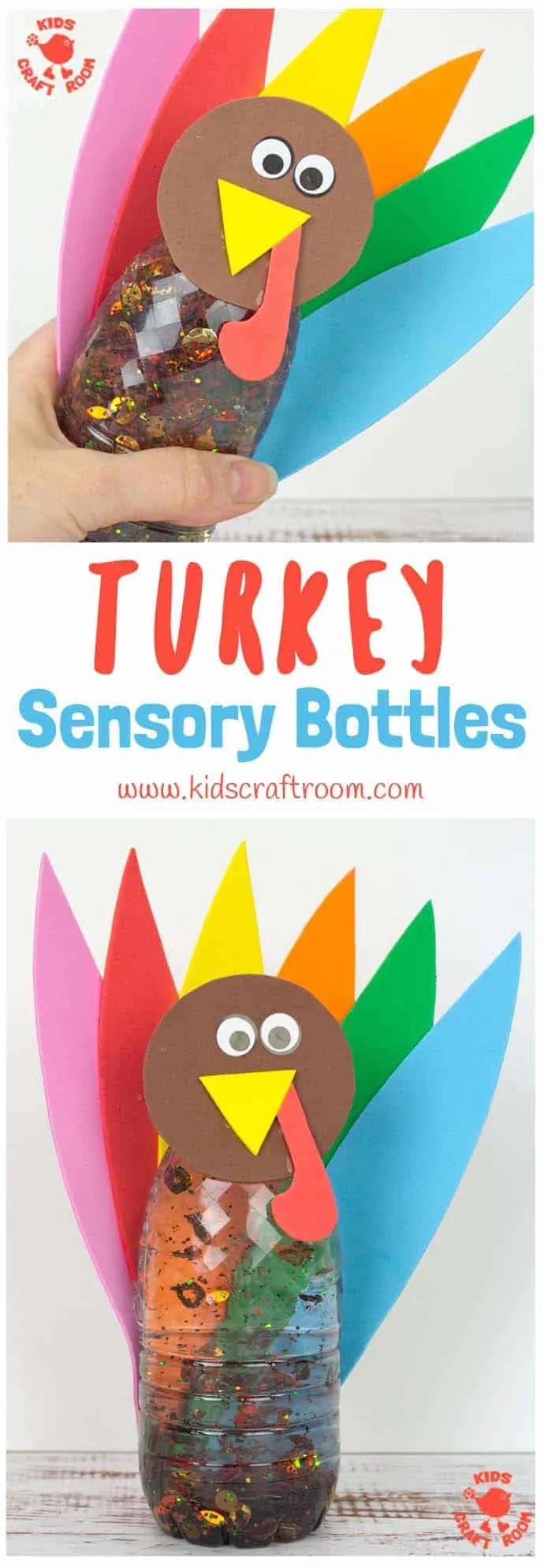 A close up of a Thanksgiving Turkey Sensory Bottles being held in someone's hand to show the glitter swirling inside.