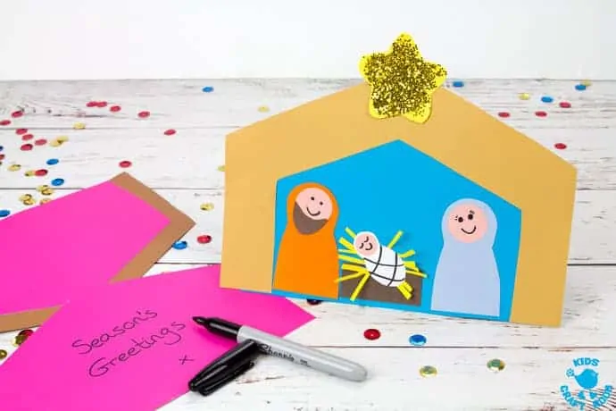 This Christmas Card Nativity Craft is adorably cute and easy to make with the free printable template. A lovely Christmas craft for preschoolers and Sunday school. #nativity #nativitycrafts #christmas, #christmascrafts #kidscrafts #kidscraftroom #christmascards