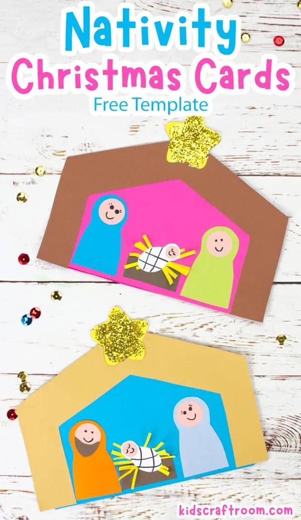 Two Christmas Card Nativity Crafts. One with a pink background and dark brown stable and one with a blue background and a light brown stable.
