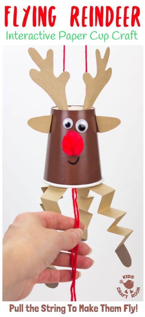 This Flying Paper Cup Reindeer Craft is so easy to make and lots of fun to play with. Pull the string to make Rudolf fly up and down! Reindeer crafts have never been such fun! An interactive Christmas craft for kids not to be missed! #rudolf #reindeer #reindeercrafts #reindeercraftsforkids #reindeercraftsforpreschoolers #reindeercraftsfortoddlers #christmas #christmascrafts #kidscrafts #kidscraftroom
