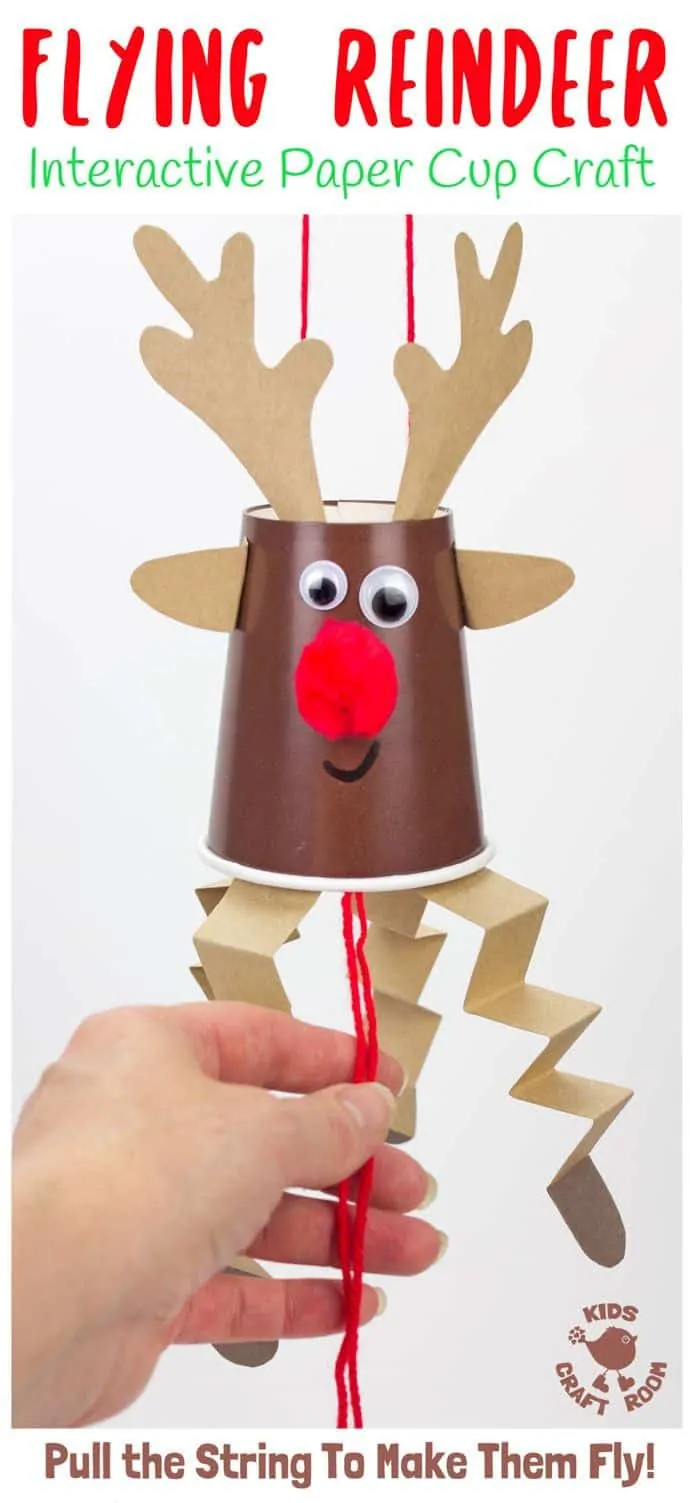 This Flying Paper Cup Reindeer Craft is so easy to make and lots of fun to play with. Pull the string to make Rudolf fly up and down! Reindeer crafts have never been such fun! An interactive Christmas craft for kids not to be missed! #rudolf #reindeer #reindeercrafts #reindeercraftsforkids #reindeercraftsforpreschoolers #reindeercraftsfortoddlers #christmas #christmascrafts #kidscrafts #kidscraftroom 