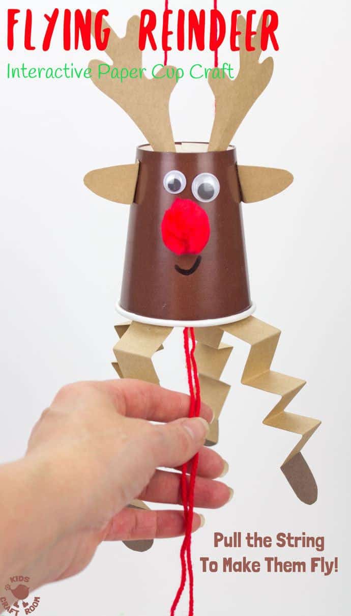 This Flying Paper Cup Reindeer Craft is so easy to make and lots of fun to play with. Pull the string to make Rudolf fly up and down! Reindeer crafts have never been such fun! An interactive Christmas craft for kids not to be missed! #rudolf #reindeer #reindeercrafts #reindeercraftsforkids #reindeercraftsforpreschoolers #reindeercraftsfortoddlers #christmas #christmascrafts #kidscrafts #kidscraftroom 