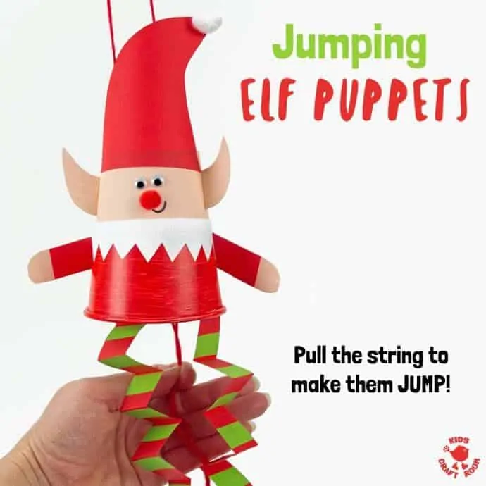 This Jumping Paper Cup Elf Puppet Craft is so much fun. Pull the string to watch the elves leap up and down! Such a cute interactive Christmas craft for kids. #elves #elf #christmas #christmascrafts #christmascraftsforkids #elfcrafts #papercupcrafts #christmasornaments #christmastoys #toys #kidscraftroom #elfontheshelf