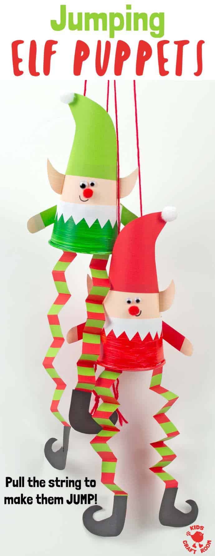 This Jumping Paper Cup Elf Puppet Craft is so much fun. Pull the string to watch the elves leap up and down! Such a cute interactive Christmas craft for kids. #elves #elf #christmas #christmascrafts #christmascraftsforkids #elfcrafts #papercupcrafts #christmasornaments #christmastoys #toys #kidscraftroom #elfontheshelf 