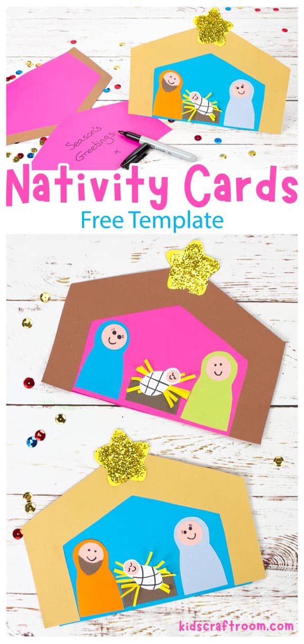 A collage showing four Nativity Christmas Cards made with different coloured papers.