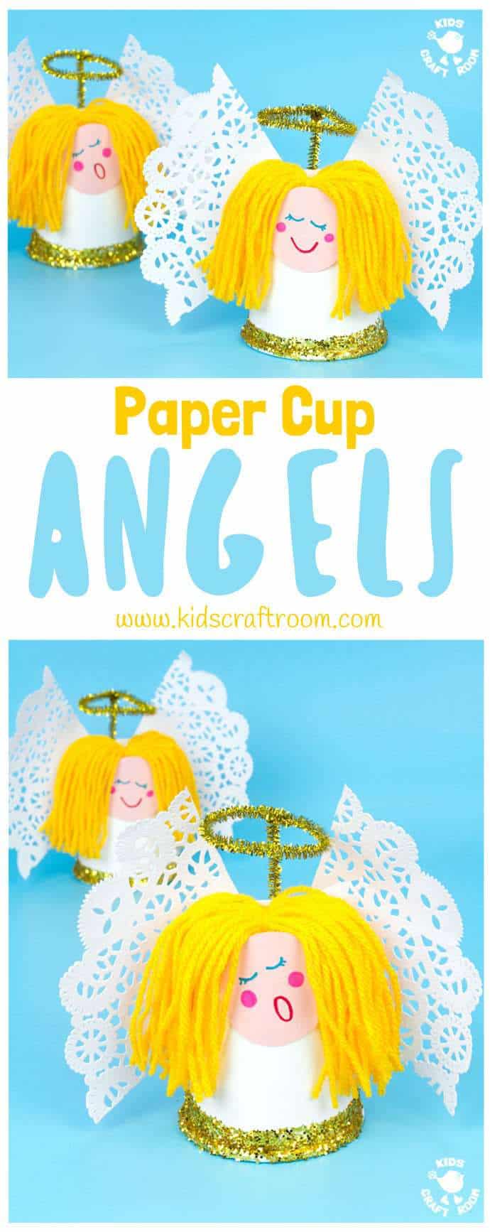 This Pretty Paper Cup Angel Craft is easy to make and looks darling! Decorate the mantlepiece, use as a Christmas tree topper or hang them as ornaments! A fun Christmas craft for preschoolers. #angel #angels #angelcrafts #christmas #christmascrafts #kidscrafts #kidscraft #papercups #kidscraftroom