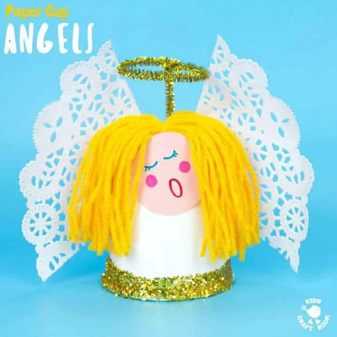 This Pretty Paper Cup Angel Craft is easy to make and looks darling! Decorate the mantlepiece, use as a Christmas tree topper or hang them as ornaments! A fun Christmas craft for preschoolers. #angel #angels #angelcrafts #christmas #christmascrafts #kidscrafts #kidscraft #papercups #kidscraftroom
