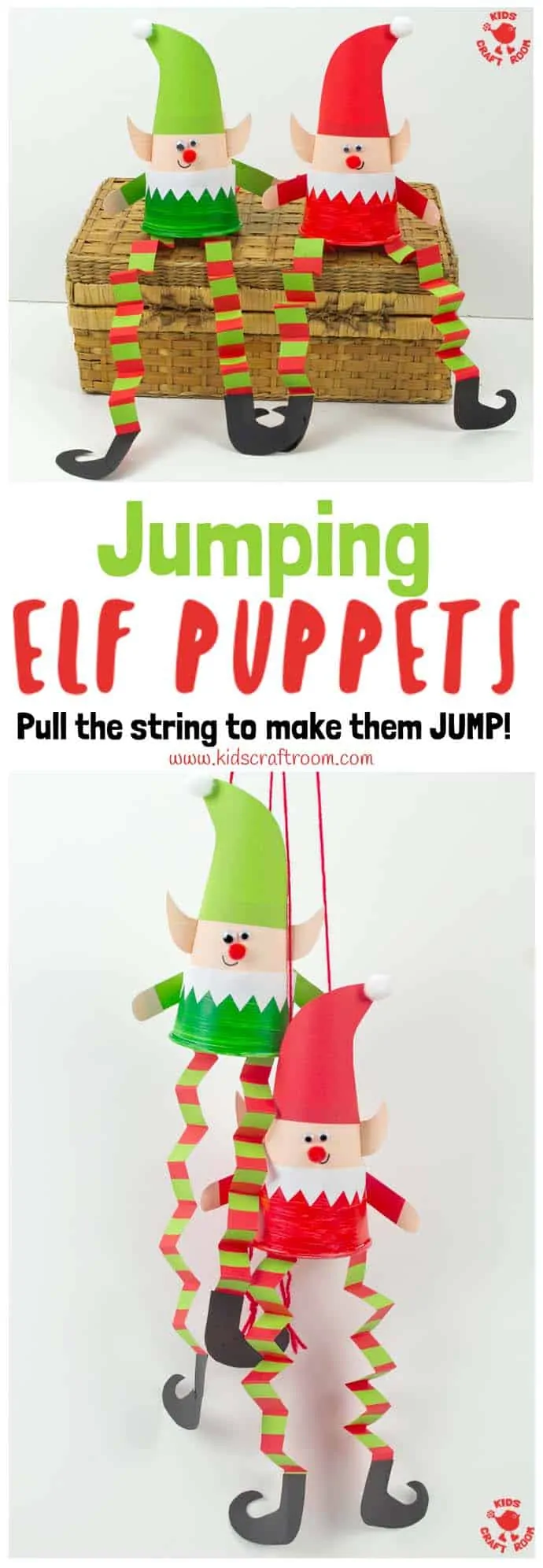 A collage of elf puppets overlaid with text saying "Jumping Elf Puppets". The top picture is of two elves sitting side by side on a basket. The bottom picture shows them hanging up.