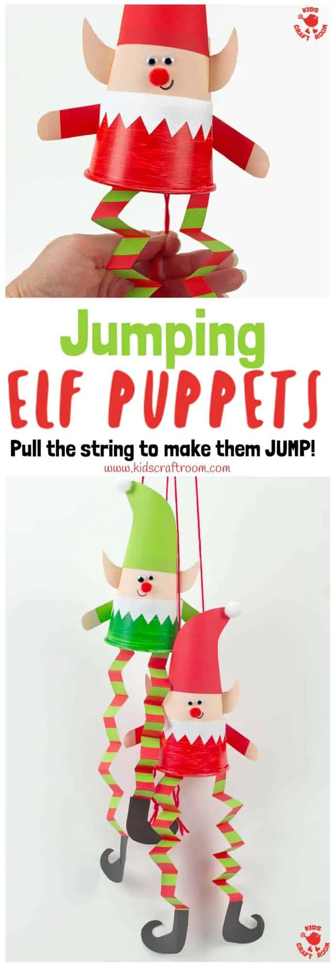 A close up of a hand pulling the strings on the elf puppet.