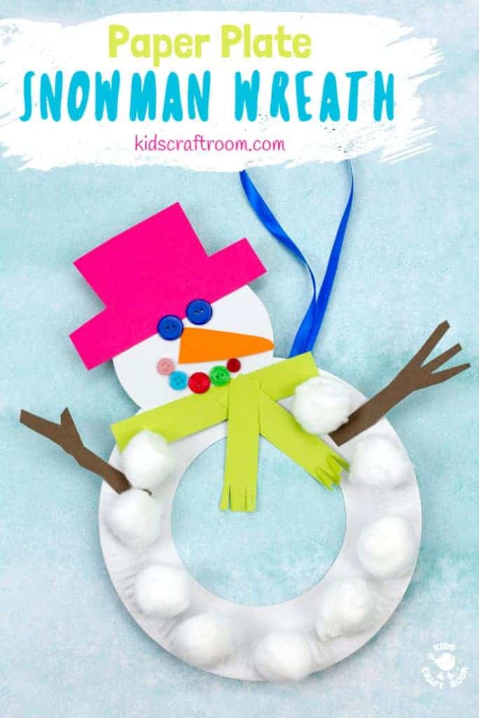 This Paper Plate Snowman Wreath is adorable! With button eyes and a cheeky smile no-one will be able to resist! This simple paper plate snowman craft is a great Christmas and Winter craft. Hang them on the door, window or wall for some snowman craft fun! #winter #snowman #wreath #paperplate #kidscrafts #wintercrafts #christmascrafts #christmas #paperplatecrafts #preschool #toddlers #kidscraftroom