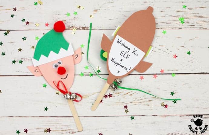Puppet Elf Christmas Cards are so cute and fun! They're really easy to make with the free printable template. These are adorable Elf Christmas Cards and puppet toys in one! A fun Christmas craft for kids to make and play with. #christmas #christmascrafts #christmascards #elf #elves #freeprintable #printablecrafts #kidscrafts #kidscraftroom #papercrafts 