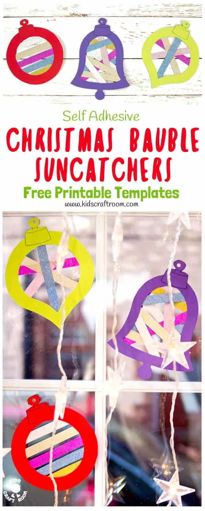 Christmas Bauble Suncatchers are a fun way to make your windows look colourful and festive. These pretty Christmas suncatchers are easy to make with 3 free printable frames to choose from. A colourful Christmas ornaments craft for kids of all ages. #suncatcher #christmas #baubles #christmascrafts #kidscrafts #kidscraftroom #papercrafts #washitape #ornaments #freeprintable #printable