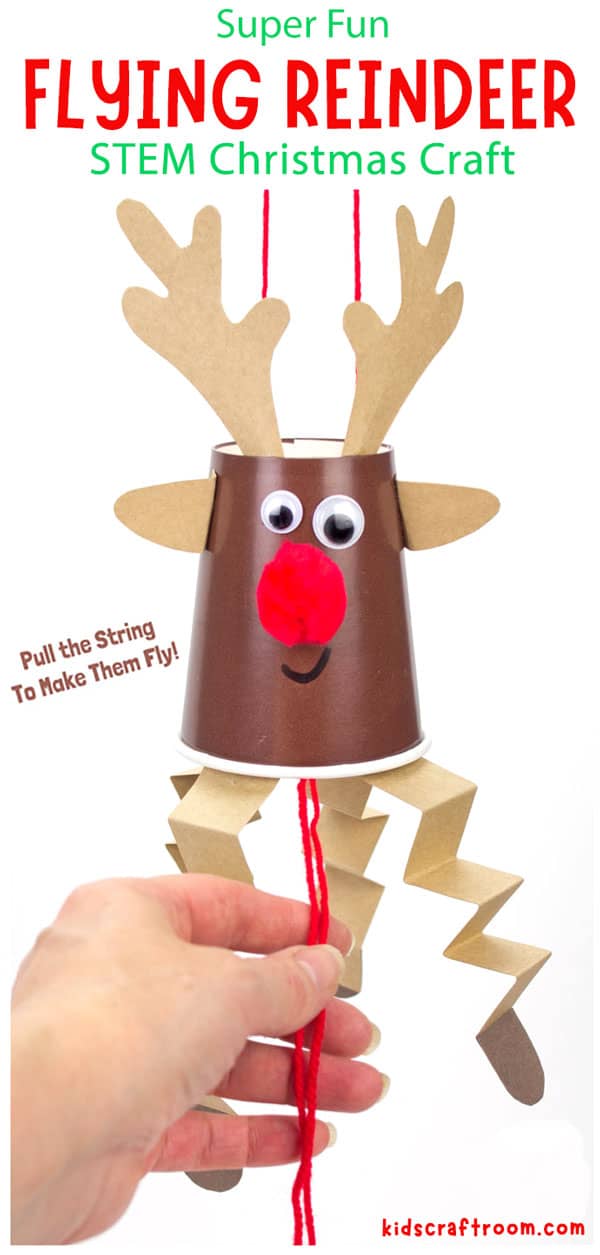 A close up of a paper cup reindeer craft STEM project.
