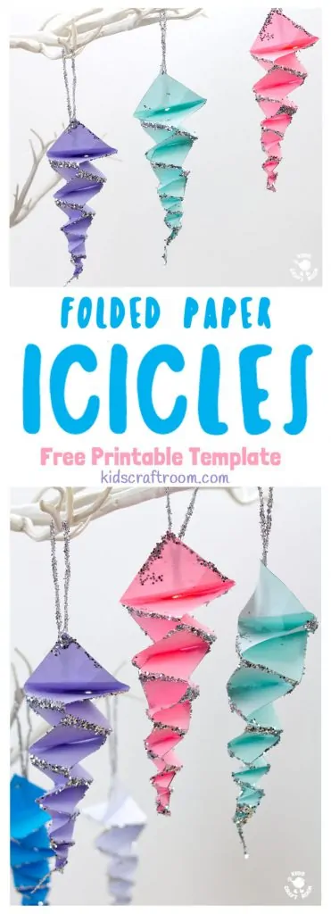 This Folded Paper Icicle Craft looks fantastic in white or colours. These homemade icicles are easy to make with the free printable pattern, just print, cut and fold! A lovely Winter craft for kids. #icicles #iciclecrafts #winter #wintercrafts #kidscrafts #papercrafts #origami #kidscraftroom #paperfolding