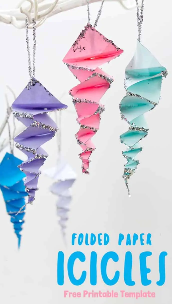 Purple, pink and green paper icicles shown hanging up as ornaments.