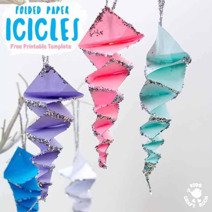 This Folded Paper Icicle Craft looks fantastic in white or colours. These homemade icicles are easy to make with the free printable pattern, just print, cut and fold! A lovely Winter craft for kids. #icicles #iciclecrafts #winter #wintercrafts #kidscrafts #papercrafts #origami #kidscraftroom #paperfolding
