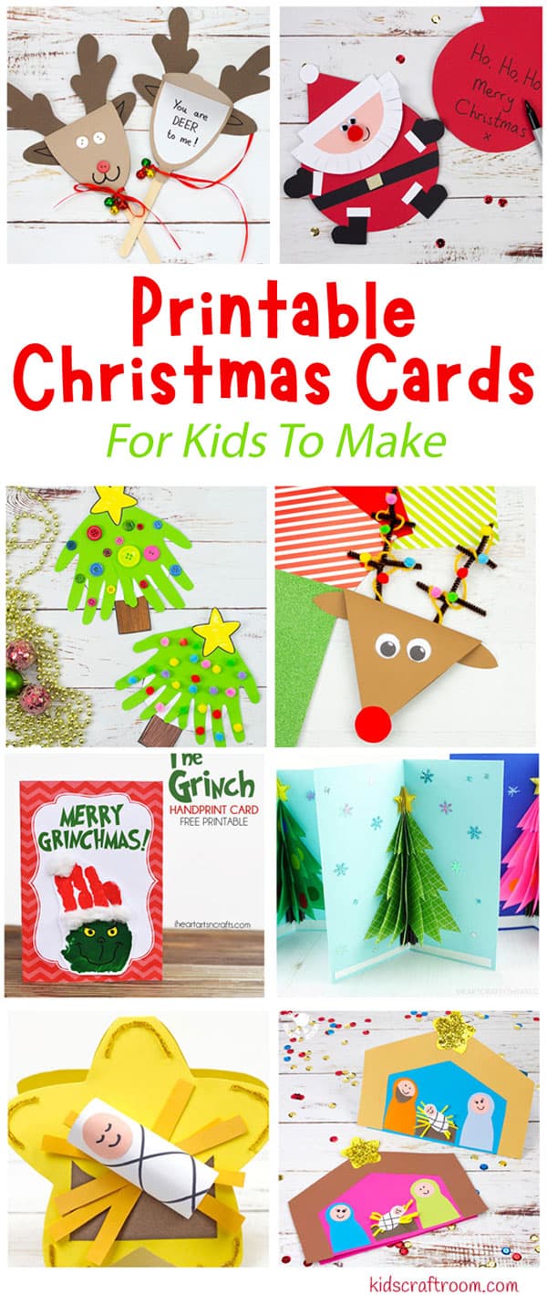 A collage of 8 different Printable Christmas Cards For Kids.