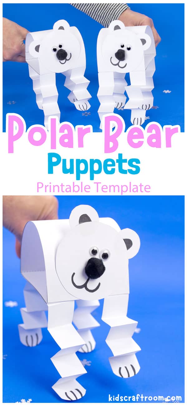 A collage showing three Polar Bear Puppet Crafts from different angles. 