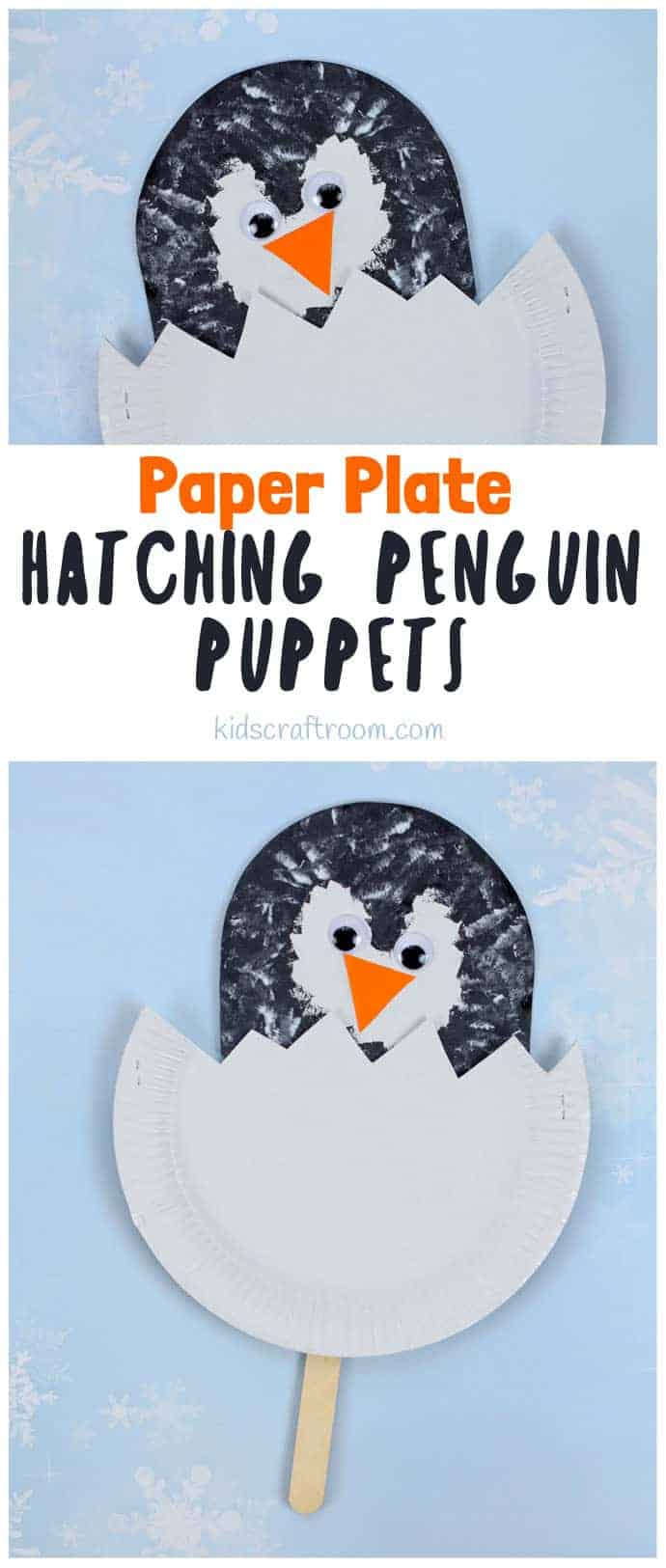 Hatching Paper Plate Penguin Chick Puppets are easy and so cute! This paper plate penguin craft is a fun and interactive Winter craft for toddlers and preschoolers. #penguins #penguin #penguincrafts #paperplates #paperplatecrafts #kidscraftroom #kidscrafts #kidscraft #winter #wintercrafts #puppets #puppetcrafts 