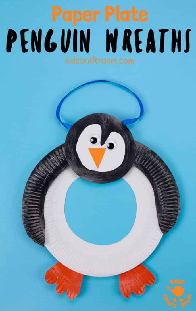 Grab a couple of paper plates to make this adorable Paper Plate Penguin Wreath. We love how you can place the wings and head in different positions to make each paper plate penguin craft unique and characterful! Such a fun Winter craft for kids. #kidscraftroom #paperplate #penguin #penguins #penguincrafts #paperplatecrafts #wintercrafts #kidscrafts #kidsactivities #wreath #preschoolers #toddlercrafts #preschoolcrafts