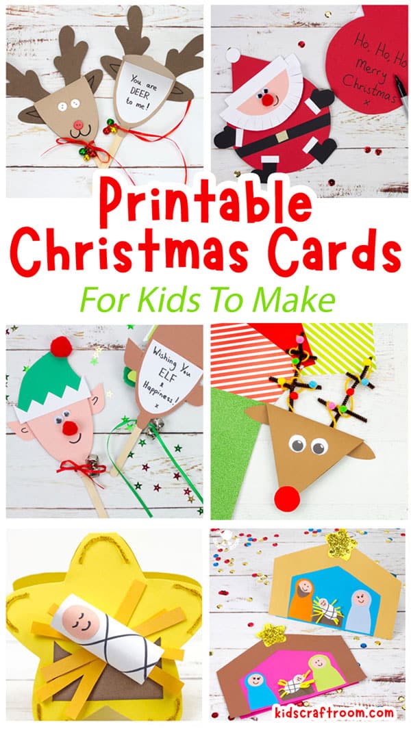 A collage showing 6 different Printable Christmas Cards For Kids.