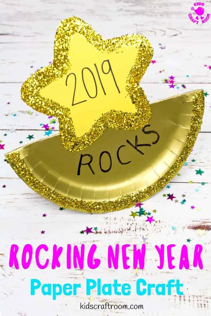 The New Year will be absolutely awesome and totally rocking! This easy paper plate New Year's Eve Craft is a great way for kids to enjoy the celebrations! #kidscraftroom #newyearseve #newyears #newyearseveparty #newyearsevecrafts#newyearkids #newyearsevekids #kidsnewyear #paperplates #paperplatecrafts #kidscrafts #kidsactivities via @KidsCraftRoom