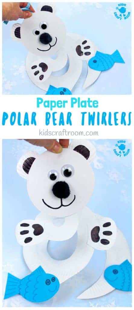 How fun is this Paper Plate Polar Bear Twirler? Hold it high and give it a blow to watch it go, go go! This is a lovely interactive Winter craft for kids that's really easy to make with paper plates. Paper plate twirlers are so fun! #kidscraftroom #polarbears #wintercrafts #wintercraftsforkids #paperplates #paperplatecrafts #twirler #whirligig #kidscrafts #toddlercrafts #preschoolcrafts #easycraftsforkids #easycrafts #spinners