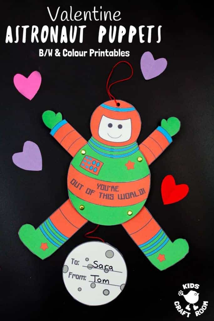 Kids will love this printable Astronaut Puppet Craft! Pull the moon and watch the spaceman craft move! This space craft is great to give as Valentine cards or Father's Day cards with space themed messages. (3 printable versions for you to choose from - black and white, pink and green) #kidscraftroom #kidscraftroom #valentinescards #valentinecrafts #spacecraftsforkids #spaceman #astronaut #puppets #papercrafts #printables #kidscrafts