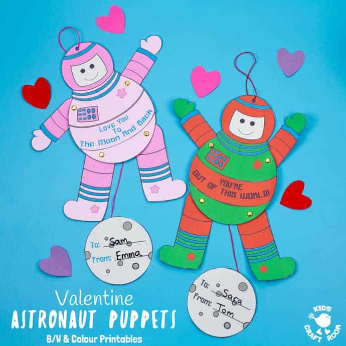 Kids will love this printable Astronaut Puppet Craft! Pull the moon and watch the spaceman craft move! This space craft is great to give as Valentine cards or Father's Day cards with space themed messages. (3 printable versions for you to choose from - black and white, pink and green) #kidscraftroom #kidscraftroom #valentinescards #valentinecrafts #spacecraftsforkids #spaceman #astronaut #puppets #papercrafts #printables #kidscrafts