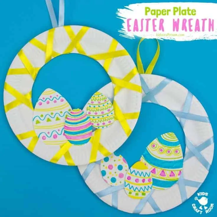 Looking for an easy 5 minute Easter craft for kids? This Easy Peasy Paper Plate Easter Wreath craft is super quick and virtually mess free! These pretty paper plate wreaths are such a fun Spring craft for kids. #kidscraftroom #eastercrafts #eastercraftsforkids #wreaths #wreathmaking #paperplatecrafts #easter #springcrafts