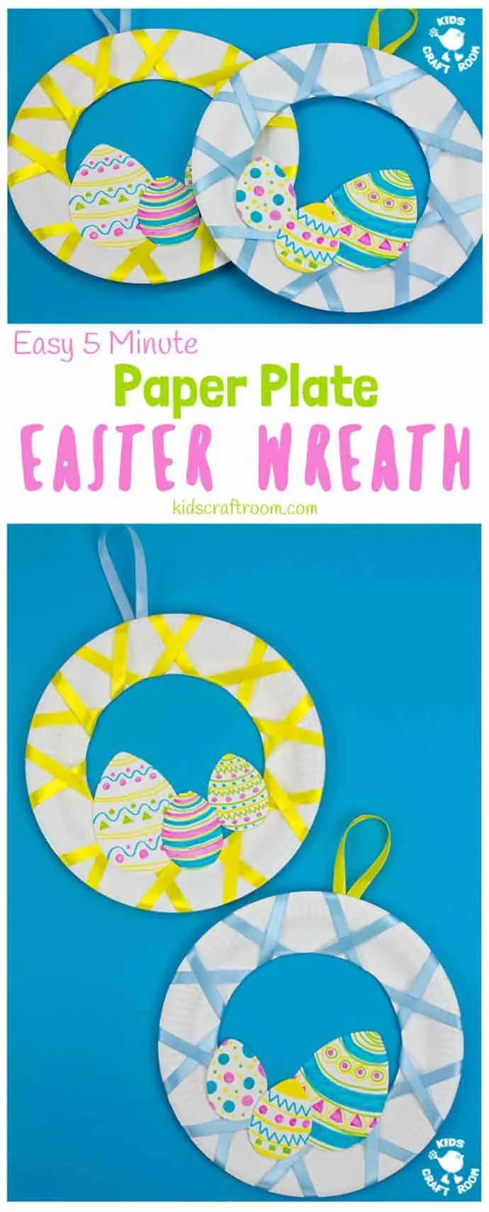 Looking for an easy 5 minute Easter craft for kids? This Easy Peasy Paper Plate Easter Wreath craft is super quick and virtually mess free! These pretty paper plate wreaths are such a fun Spring craft for kids. #kidscraftroom #eastercrafts #eastercraftsforkids #wreaths #wreathmaking #paperplatecrafts #easter #springcrafts