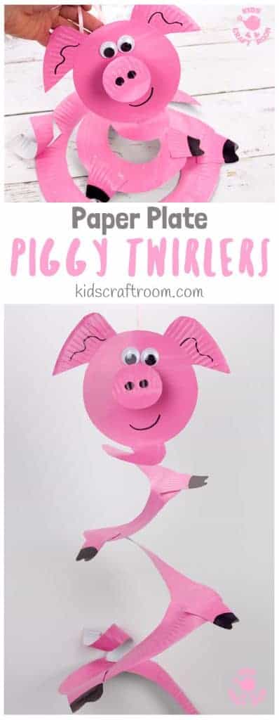 This Paper Plate Pig Twirler is adorable! A simple pig craft that's really quick and easy to make. Hold your pig twirler craft up and give it a blow to see it spin round and round. Such a fun paper plate craft for kids. Great for farm animal themes and Chinese year of the pig. #kidscraftroom #pigcrafts #pigs #paperplates #paperplatecrafts #twirlers #whirligigs #preschoolcrafts #toddlercrafts