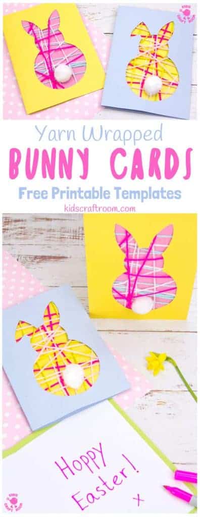 These pretty Yarn Wrapped Easter Bunny Cards are super cute and very easy to make. They're great fun as an Easter craft for kids that lets them practise their fine motor skills too. This easy Easter Bunny craft is adorable as wall decorations super cute Bunny Easter Cards to share with friends. (Free printable templates included) #kidscraftroom #easter #eastercrafts #eastercraftsforkids #easterbunny #eastercards #bunny #printablesforkids #freeprintables #kidscrafts #springcrafts