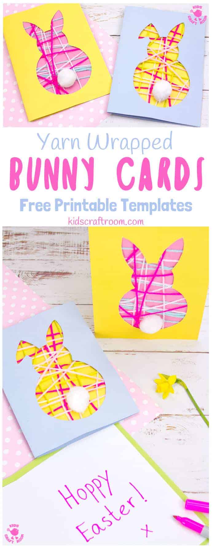 These pretty Yarn Wrapped Easter Bunny Cards are super cute and very easy to make. They're great fun as an Easter craft for kids that lets them practise their fine motor skills too. This easy Easter Bunny craft is adorable as wall decorations super cute Bunny Easter Cards to share with friends. (Free printable templates included) #kidscraftroom #easter #eastercrafts #eastercraftsforkids #easterbunny #eastercards #bunny #printablesforkids #freeprintables #kidscrafts #springcrafts 