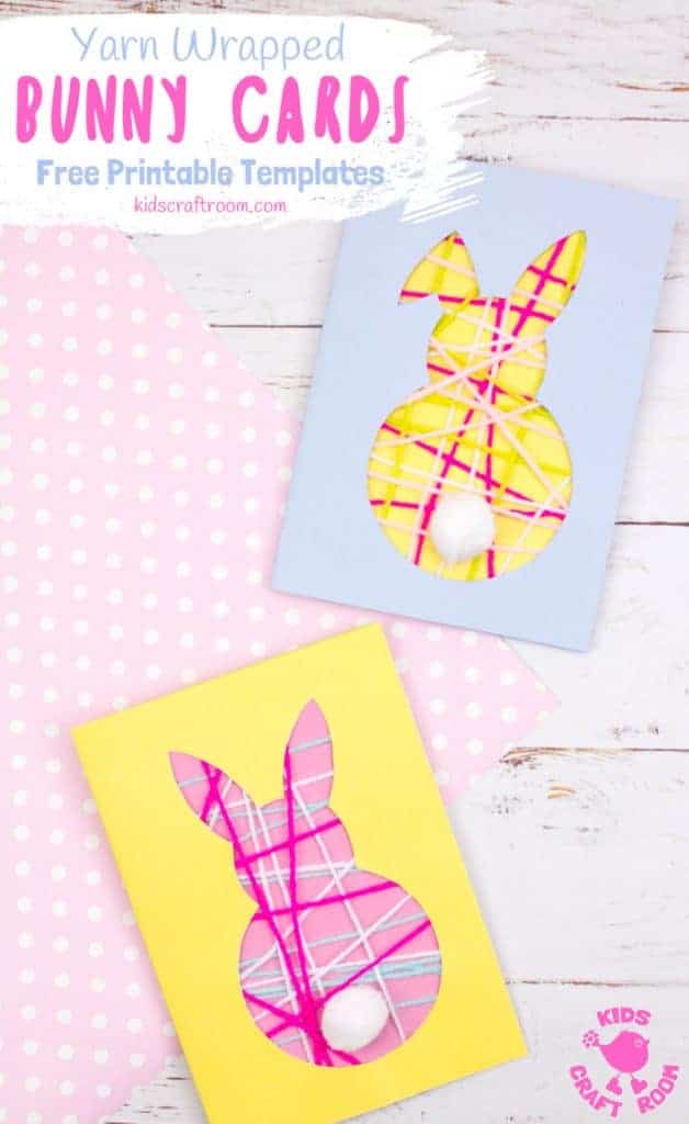 These pretty Yarn Wrapped Easter Bunny Cards are super cute and very easy to make. They're great fun as an Easter craft for kids that lets them practise their fine motor skills too. This easy Easter Bunny craft is adorable as wall decorations super cute Bunny Easter Cards to share with friends. (Free printable templates included) #kidscraftroom #easter #eastercrafts #eastercraftsforkids #easterbunny #eastercards #bunny #printablesforkids #freeprintables #kidscrafts #springcrafts