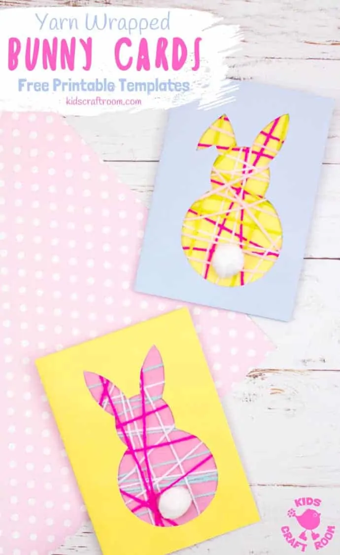 These pretty Yarn Wrapped Easter Bunny Cards are super cute and very easy to make. They're great fun as an Easter craft for kids that lets them practise their fine motor skills too. This easy Easter Bunny craft is adorable as wall decorations super cute Bunny Easter Cards to share with friends. (Free printable templates included) #kidscraftroom #easter #eastercrafts #eastercraftsforkids #easterbunny #eastercards #bunny #printablesforkids #freeprintables #kidscrafts #springcrafts 