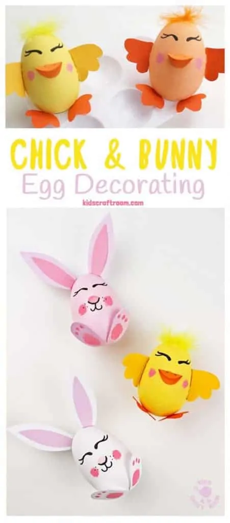 These Bunny and Chick Egg Decorating Ideas are so cute! Decorate real, wooden, paper mache, or plastic eggs. A fun Easter craft for kids. ( free printable template) #kidscraftroom #easter #eastereggs #eggdecorating #eggdecoratingideas #kidscrafts #springcrafts