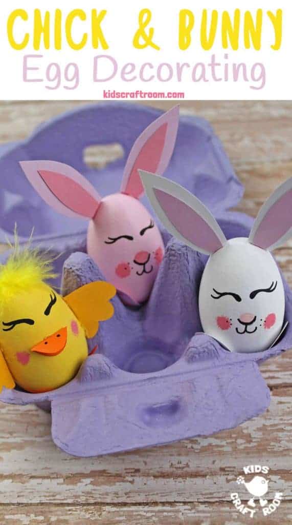 These Bunny and Chick Egg Decorating Ideas are so cute! Decorate real, wooden, paper mache, or plastic eggs. A fun Easter craft for kids. ( free printable template) #kidscraftroom #easter #eastereggs #eggdecorating #eggdecoratingideas #kidscrafts #springcrafts