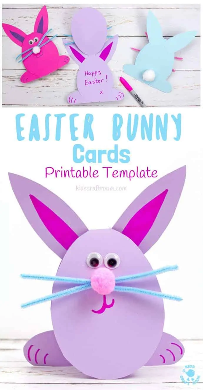 These Easy Easter Bunny Cards are the cutest! Download the printable template for a quick and adorable Easter craft for kids. This simple Easter Bunny craft is great for sharing with friends. #kidscraftroom #easterbunny #eastercrafts #eastercraftsforkids #printables #kidscrafts #eastercards 
